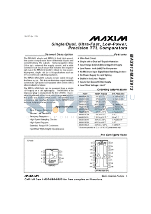 MAX913MJA datasheet - Single/Dual, Ultra-Fast, Low-Power, Precision TTL Comparators