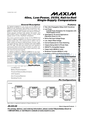 MAX9140-MAX9144 datasheet - 40ns, Low-Power, 3V/5V, Rail-to-Rail Single-Supply Comparators