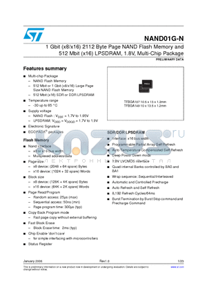 NAND01G-N datasheet - 1 Gbit (x8/x16) 2112 Byte Page NAND Flash Memory and 512 Mbit (x16) LPSDRAM, 1.8V, Multi-Chip Package