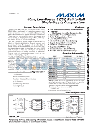 MAX9141 datasheet - 40ns, Low-Power, 3V/5V, Rail-to-Rail Single-Supply Comparators