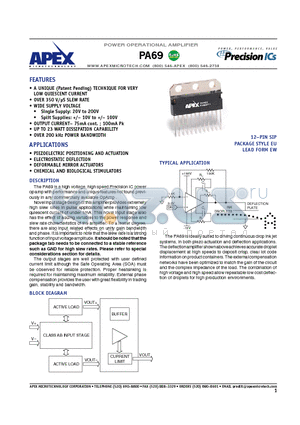 PA69 datasheet - POWER OPERATIONAL AMPLIFIER