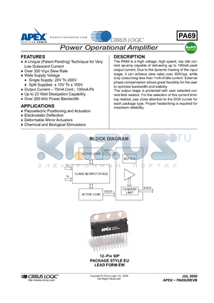 PA69 datasheet - Power Operational Amplifier