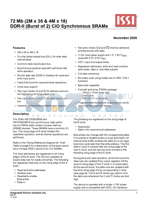 IS61DDB22M36-250M3 datasheet - 72 Mb (2M x 36 & 4M x 18) DDR-II (Burst of 2) CIO Synchronous SRAMs