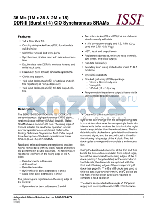 IS61DDB42M18 datasheet - 36 Mb (1M x 36 & 2M x 18) DDR-II (Burst of 4) CIO Synchronous SRAMs