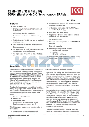 IS61DDB44M18-250M3 datasheet - 72 Mb (2M x 36 & 4M x 18) DDR-II (Burst of 4) CIO Synchronous SRAMs