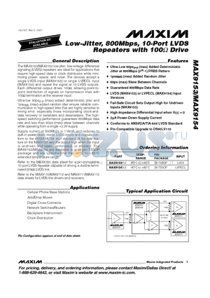 MAX9153 datasheet - Low-Jitter, 800Mbps, 10-Port LVDS Repeaters with 100 Drive