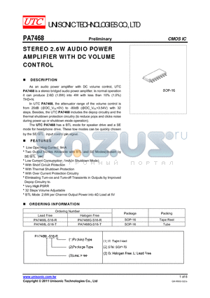 PA7468 datasheet - STEREO 2.6W AUDIO POWER AMPLIFIER WITH DC VOLUME CONTROL