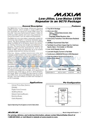 MAX9155 datasheet - Low-Jitter, Low-Noise LVDS Repeater in an SC70 Package
