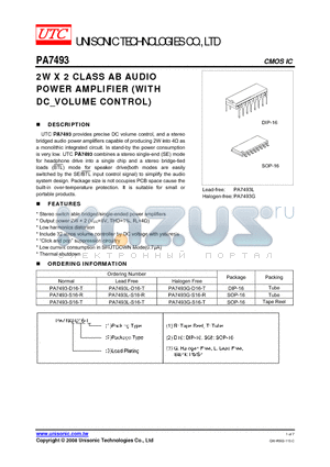 PA7493G-S16-R datasheet - 2W X 2 CLASS AB AUDIO POWER AMPLIFIER (WITH DC_VOLUME CONTROL)