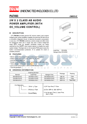 PA7493G-S16-T datasheet - 2W X 2 CLASS AB AUDIO POWER AMPLIFIER (WITH DC_VOLUME CONTROL)