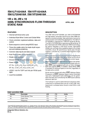 IS61LF102436A-6.5B3 datasheet - 36Mb SYNCHRONOUS FLOW-THROUGH STATIC RAM