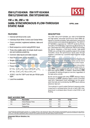 IS61LF102436A-6.5B3I datasheet - 36Mb SYNCHRONOUS FLOW-THROUGH STATIC RAM