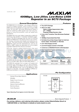 MAX9180 datasheet - 400Mbps, Low-Jitter, Low-Noise LVDS Repeater in an SC70 Package