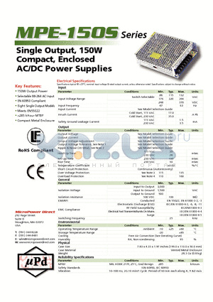 MPE-150S datasheet - Single Output, 150W Compact, Enclosed AC/DC Power Supplies