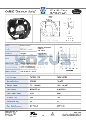 OA5920-23TB datasheet - 172 x 150 x 51mm (6.7x 5.9 x 2.0)