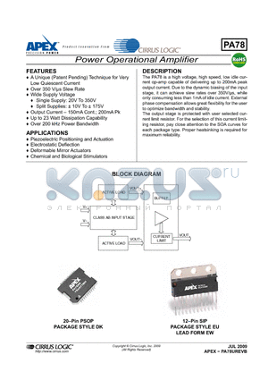 PA78 datasheet - Power Operational Amplifier