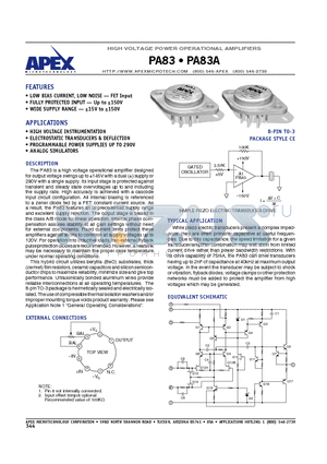 PA83 datasheet - HIGH VOLTAGE POWER OPERATIONAL AMPLIFIERS