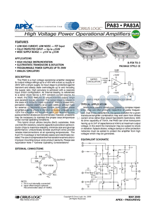 PA83A datasheet - High Voltage Power Operational Amplifiers