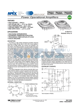 PA84 datasheet - Power Operational Amplifiers