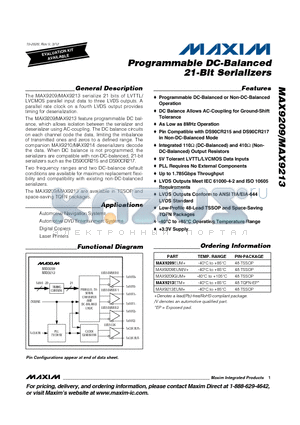MAX9209 datasheet - Programmable DC-Balanced 21-Bit Serializers
