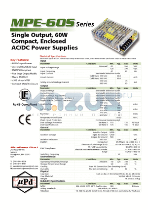 MPE-60S datasheet - Single Output, 60W Compact, Enclosed AC/DC Power Supplies