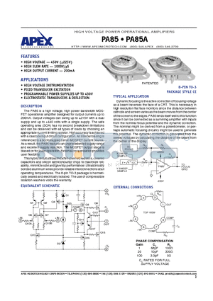 PA85 datasheet - HIGH VOLTAGE POWER OPERATIONAL AMPLIFIERS