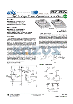 PA85 datasheet - High Voltage Power Operational Amplifiers