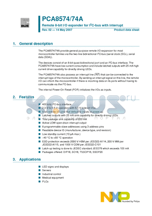 PA8574A datasheet - Remote 8-bit I/O expander for I2C-bus with interrupt