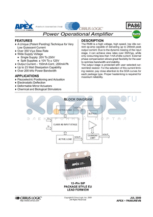 PA86 datasheet - Power Operational Amplifier