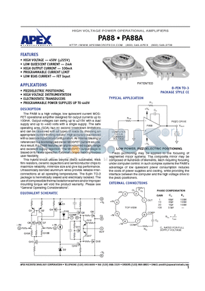PA88 datasheet - HIGH VOLTAGE POWER OPERATIONAL AMPLIFIERS