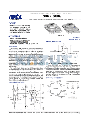 PA88A datasheet - HIGH VOLTAGE POWER OPERATIONAL AMPLIFIERS