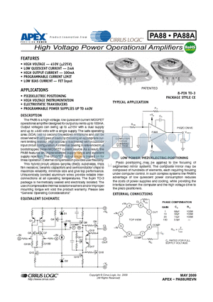 PA88A datasheet - High Voltage Power Operational Amplifiers