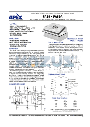 PA89 datasheet - HIGH VOLTAGE POWER OPERATIONAL AMPLIFIERS
