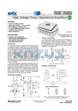 PA89 datasheet - High Voltage Power Operational Amplifiers