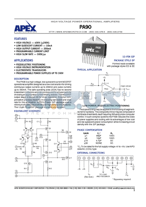 PA90 datasheet - HIGH VOLTAGE POWER OPERATIONAL AMPLIFIERS