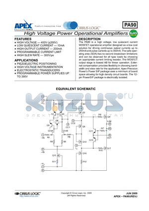 PA90 datasheet - High Voltage Power Operational Amplifiers