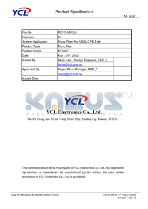 MF602F datasheet - Mirco Filter For ADSL CPE Side