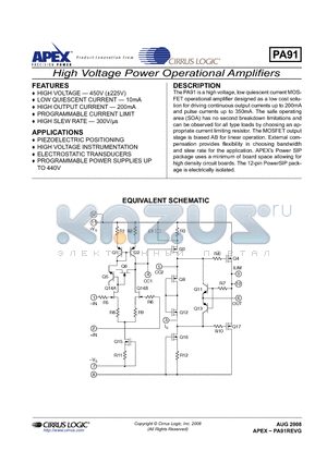 PA91 datasheet - HIGH VOLTAGE POWER OPERATIONAL AMPLIFIERS