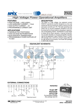 PA92_10 datasheet - High Voltage Power Operational Amplifiers