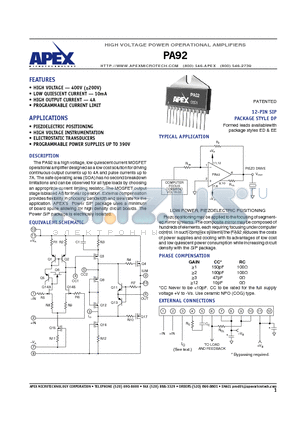 PA92 datasheet - HIGH VOLTAGE POWER OPERATIONAL AMPLIFIER