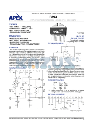 PA93 datasheet - HIGH VOLTAGE POWER OPERATIONAL AMPLIFIERS