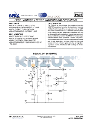 PA93 datasheet - High Voltage Power Operational Amplifiers
