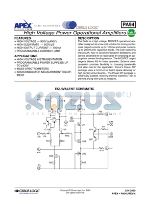 PA94_09 datasheet - High Voltage Power Operational Amplifiers