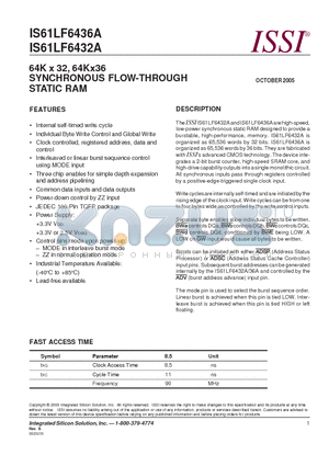 IS61LF6432A-8.5TQLI datasheet - 64K x 32, 64Kx36 SYNCHRONOUS FLOW-THROUGH STATIC RAM