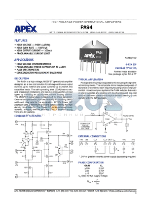 PA94 datasheet - HIGH VOLTAGE POWER OPERATIONAL AMPLIFIERS