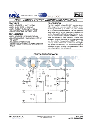 PA94 datasheet - High Voltage Power Operational Amplifiers