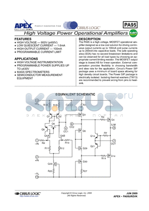 PA95 datasheet - High Voltage Power Operational Amplifiers