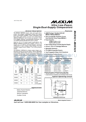 MAX922 datasheet - Ultra Low-Power, Single/Dual-Supply Comparators