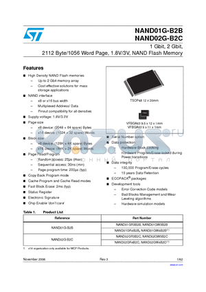 NAND01GR3B2BN6E datasheet - 1 Gbit, 2 Gbit, 2112 Byte/1056 Word Page, 1.8V/3V, NAND Flash Memory