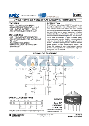 PA95 datasheet - High Voltage Power Operational Amplifiers